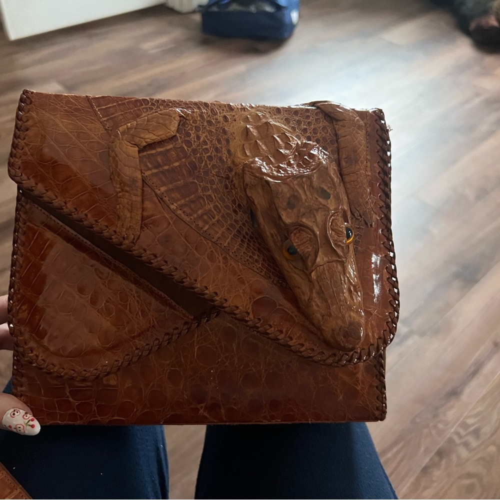 Brown Crocodile-Embossed Leather Clutch with Sculpted Crocodile Detail